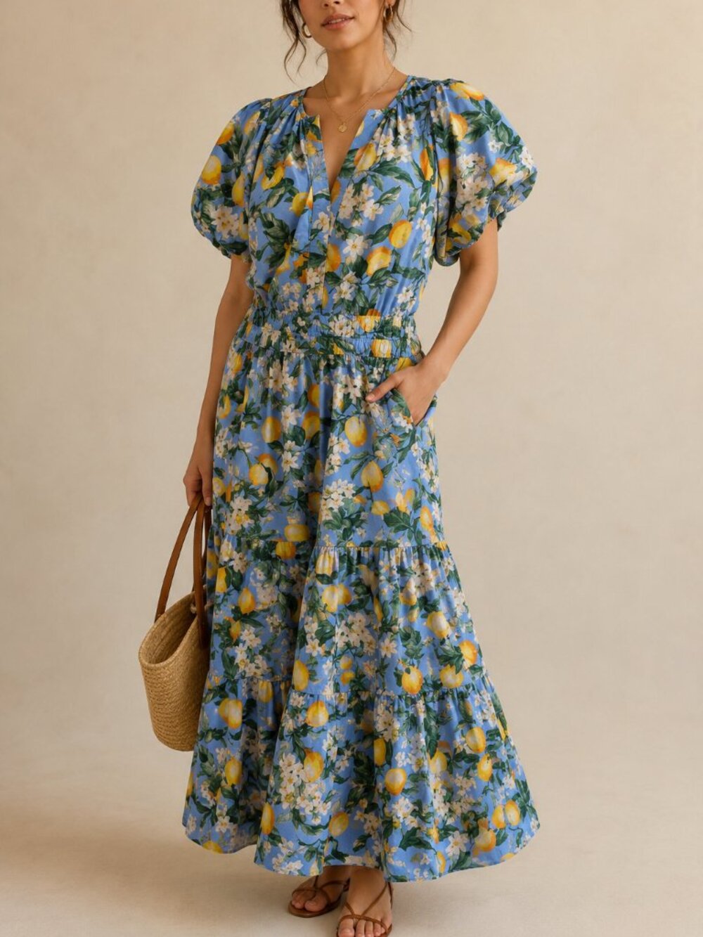 Anthropologie Somerset Maxi Dress Iris Blue Lemon Floral Print Plus Size 2X
